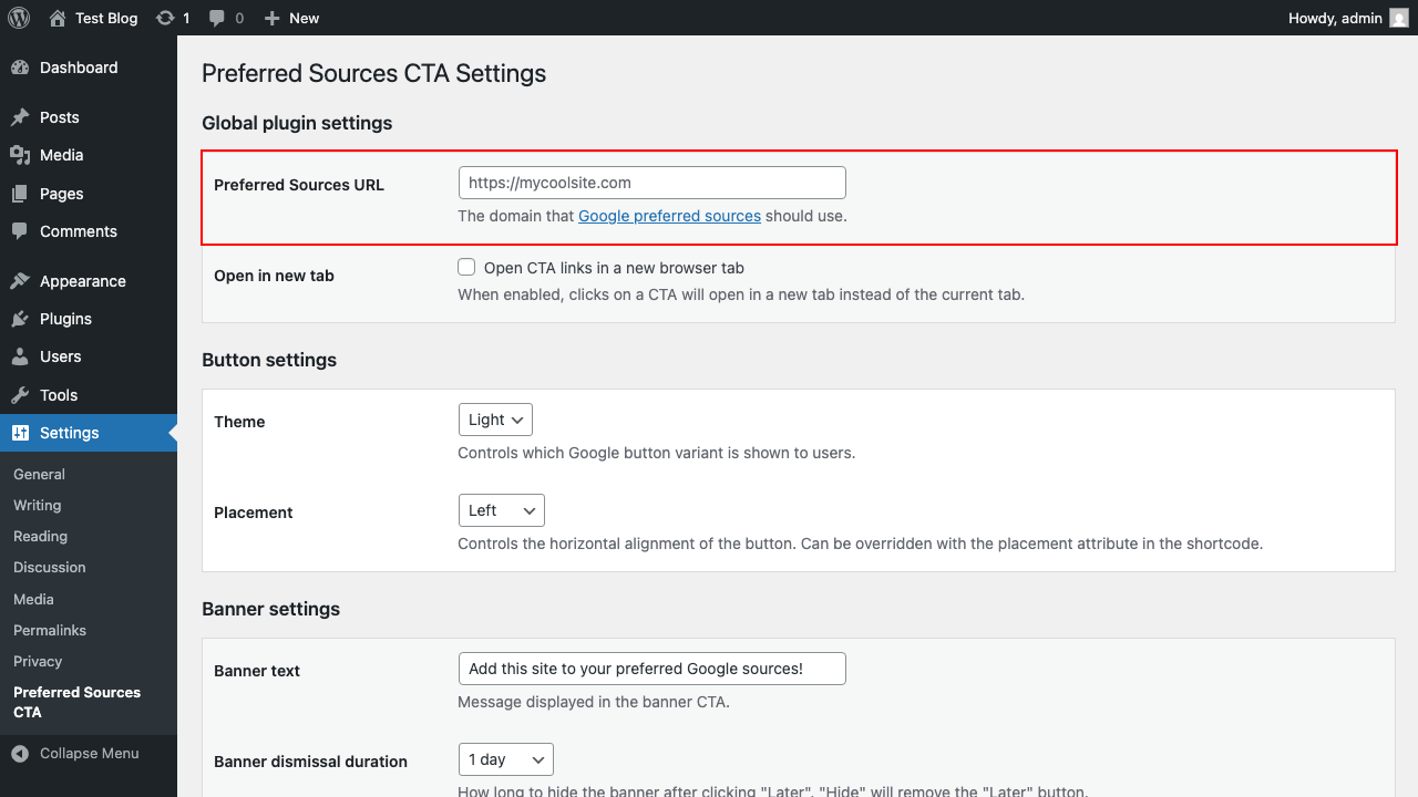 preferred sources cta plugin settings
